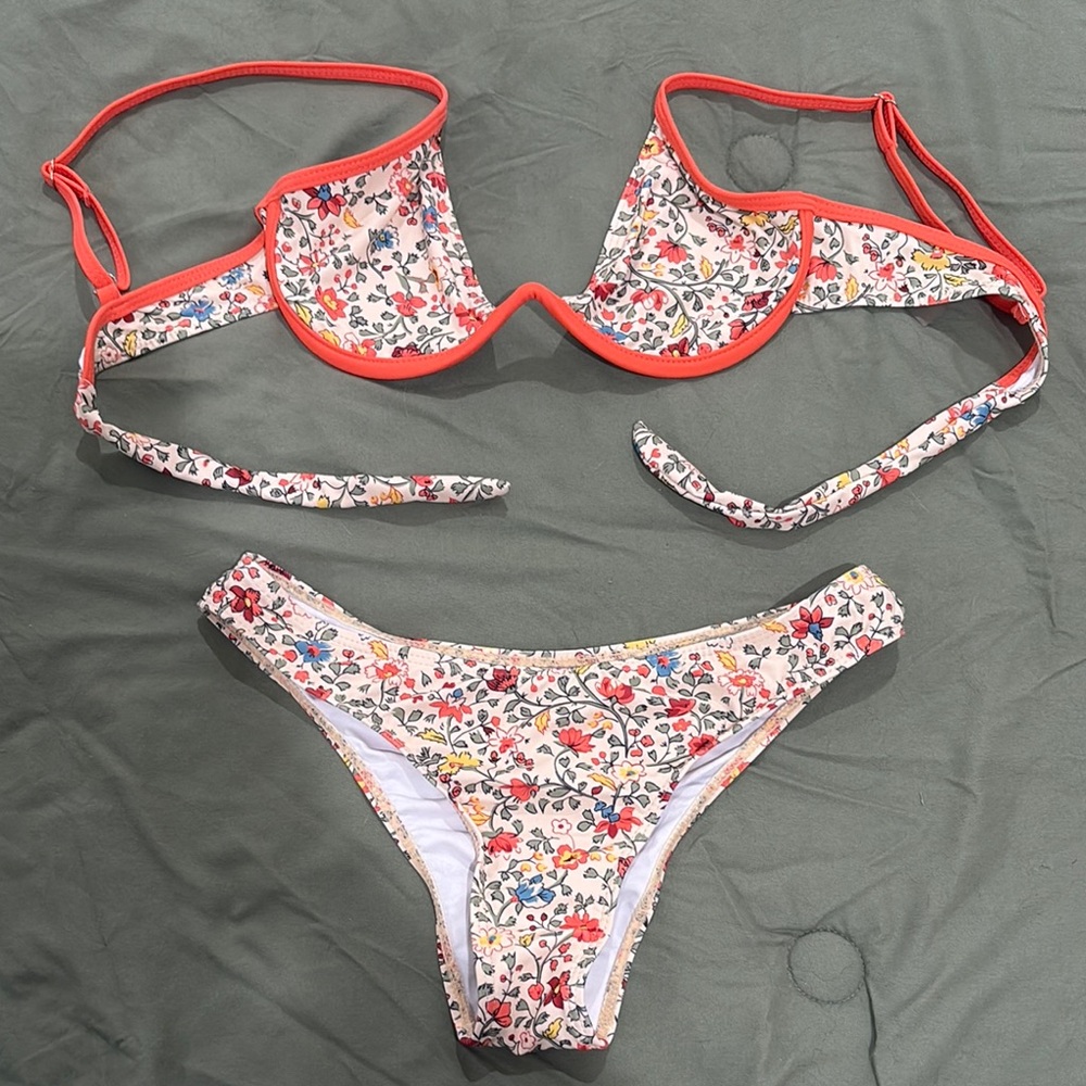 Floral Bikini Set with Orange Trim